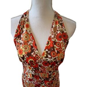 NWT Retro 60s 70s Floral Halter Mini Dress Orange Brown Yellow XL Groovy Hippie
